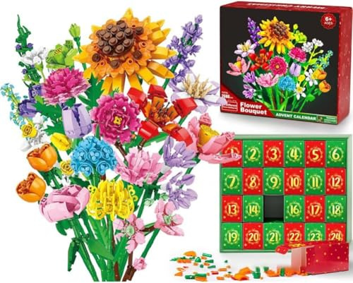 Calendrier de l'Avent 2025 - Grande fleur - Blocs de Noël - Cadeau pour adultes - Compte à rebours - Décoration de Noël