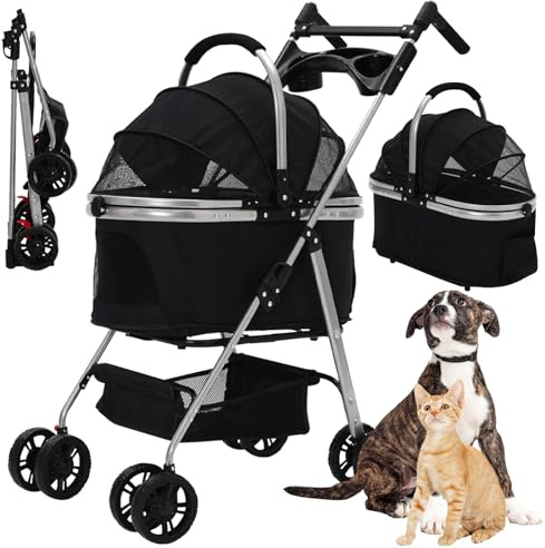 3 in 1 Pet Stroller for Medium Dogs Cats, 20kg Capacity, 360° Wheels, Black | Foldable Dog Pram with Detachable Carrier Car Seat, Adjustable Handle, Multi Storage