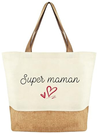AHEZQILU Sac cabas en jute et toile imprimé cœur, cadeau maman, tote bag femme grande capacité 44x40x12 cm, plage courses shopping avec anses longues, cadeau anniversaire maman Fête des Mères Noël