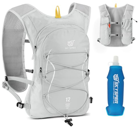 SKYSPER Löparväst för män och kvinnor, 12 l med 500 ml vattenflaska, reflekterande, vätskeväst, ventilerande, med mobiltelefonfack, för terräng, maraton