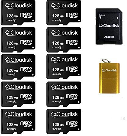 Cloudisk Paquete de 10 Tarjetas Micro SD de 128 MB de pequeña Capacidad, Paquete a Granel (no GB) con Adaptador MicroSD, Lector de Tarjetas de Memoria Especial para Datos pequeños, Archivos,