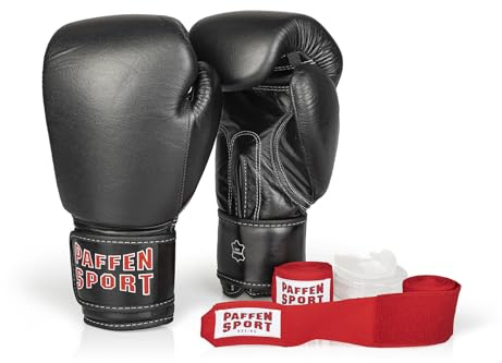 PAPA SPORT Advanced boxpaket, Kibo Fight boxhandskar, svart, 14 UZ. ; Allround bandage röd, 3,5 m; Allround tandskydd, transparent, utan mint