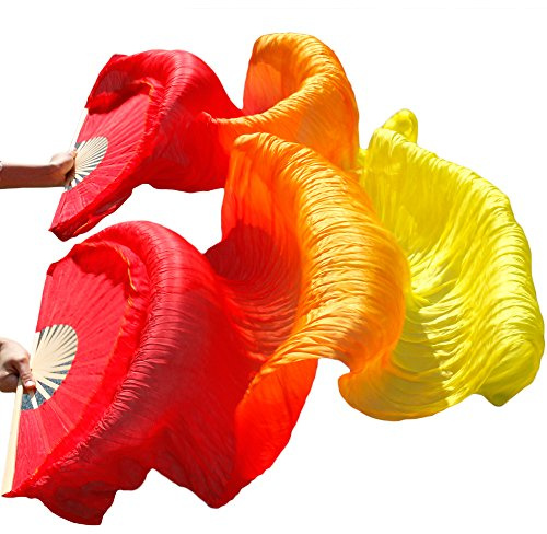Leemiman Femme 1,8 m de long Voiles de danse du ventre en soie 100 % bambou 1 paire (G+D), Rouge, orange, jaune., Taille unique