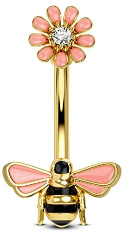 CM Crareesi Mania Bienen Blumen Bauchnabelpiercing Gold 316L Chirurgenstahl Bauchnabelpiercing 10mm Stablänge 14G Schwangerschftspiercing Bauchnabel Süße Nabel Piercing Schmuck für Mädchen Frauen