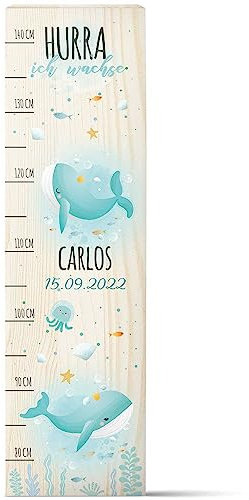 GRAVURZEILE Messlatte für Kinder aus Holz - Wal Design - mit Namen & Datum für Kinderzimmer - Skala misst 80-140 cm - Größe 20 x 70 x 2 cm - Geschenk zur Geburt für Mädchen & Jungen