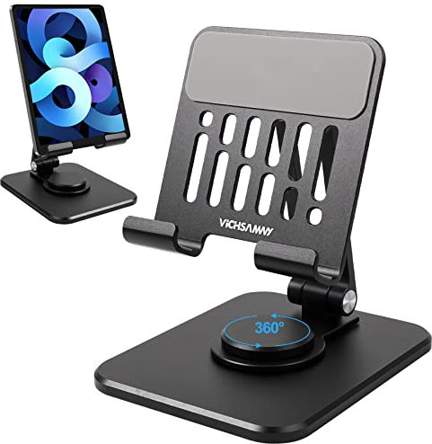 VICHSAMWY Verstellbarer Handy-Ständer aus Aluminium mit 360 ° drehbarer Basis, robuster, Faltbarer Ständer für alle 10,2-32,9 cm Handys und iPad (schwarz)