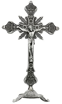 Milageto Crocifisso in Piedi da Tavolo Croce in Metallo Piccolo 10 Gesù sulla Croce Statua Crocifisso con Supporto Crocifisso di Gesù per Ornamento, Peltro Antico