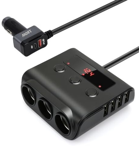 180W Caricabatterie da Auto, 9in1 Sdoppiatore Presa Multipresa Accendisigari con USB-C PD QC3.0, Adattatore per Accendisigari 12V/24V con 3 Prese & 6 Porte con Display LED per Dash Cam