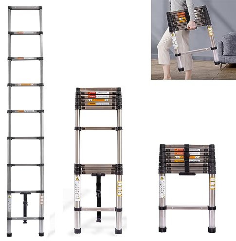 Telescoping Ladder 2.6M Stainless Steel Extension Folding Ladder 8.5FT, Portable Heavy Duty Multi-Purpose Telescopic Ladder with Slip-Proof Feet, 330LBS Capacity, Ladder for Home Loft or RV