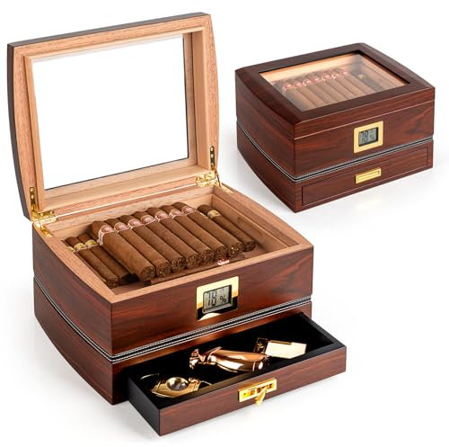 Marvero Cigar Humidors, Cedar Wood Humidor with Digital Hygrometer, Drawers, Humidifiers and Gold-Plated Hardwares. Cigar humidor Cabinet for Men Husband Father, 75 Cigars Capacity Ebony Color