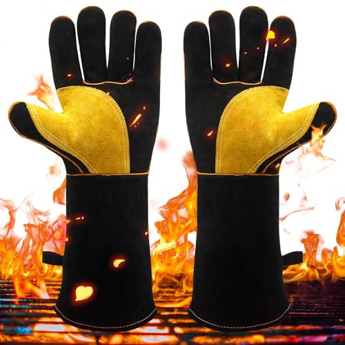 Fettwal Gants de barbecue résistants à la chaleur, gants de four, gants de cheminée ignifuges, gants de cuisson avec suspension, gants en cuir de haute qualité pour soudure, cuisine, barbecue, four (1