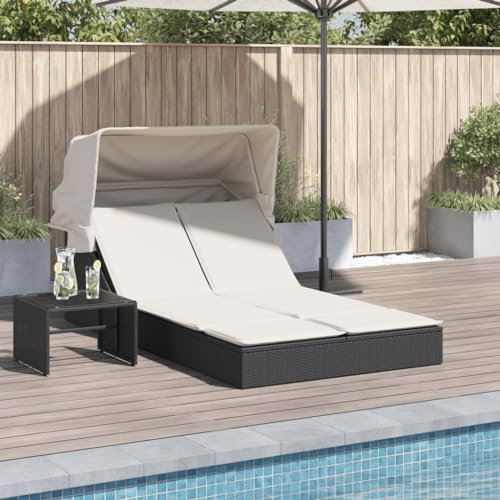 Somanki Doppel-Sonnenliege mit Dach und Auflagen Schwarz Poly Rattan, Gartenliege, Liegestuhl, Sonnenstuhl, Sonneninsel Outdoor, Liegen, Gartenmöbel, Bäderliege, Relaxliege - 368637