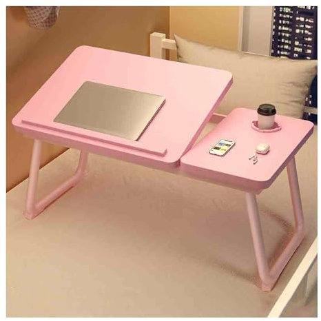 JHIAADEY Sängbord for bärbar dator, bärbart lapbord/bärbart stativ, bäddsoffa laptopbord, litet justerbart hopfällbart datorbord, brickbord med mugghållare(Pink)