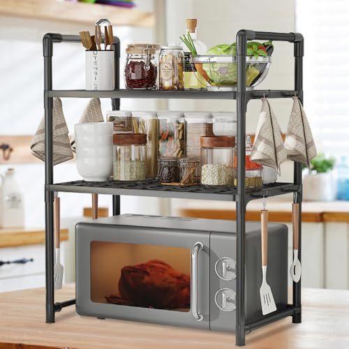 Microwave Shelf Stand, Microwave Shelf With Hooks, Kitchen Counter Organizer, Thickened Oven Toaster Rack,for Jar Plates Pots,Dishes, chopsticks and spoons, cups, For home kitchen school office