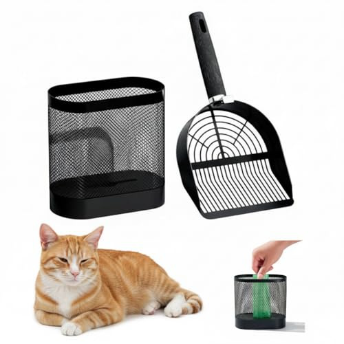 SereneJoy Metal Cat Litter Scoop Set with Holder, Dual-Spec Scoop, Mesh Storage Bin with Hidden Bag Dispenser, Includes 3 Rolls Waste Bags, Easy-Clean Rust-Resistant Black