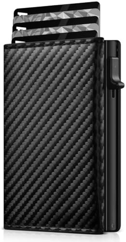 QIYULIN RFID Card Holder,Credit Card Holder Men,Aluminium Pop-up Wallet with RFID Blocking, Premium Leather,Hold 8 Credit Cards with Cash Slot