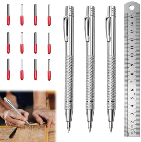 ikBrtaiay Set di 3 strumenti per tracciare, ago in carburo di tungsteno, aghi da tracciare, righello in acciaio da 15 cm, 12 punte di ricambio, per strappare e incidere piastrelle in ceramica in vetro