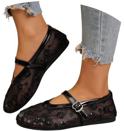 Lace Mary Jane - Zapatos planos para el tiempo libre, bailarinas suaves para mujer, elegantes zapatos de bailarina, zapatos cómodos, diseño floral tradicional, zapatos de verano para ocio, Negro , 42