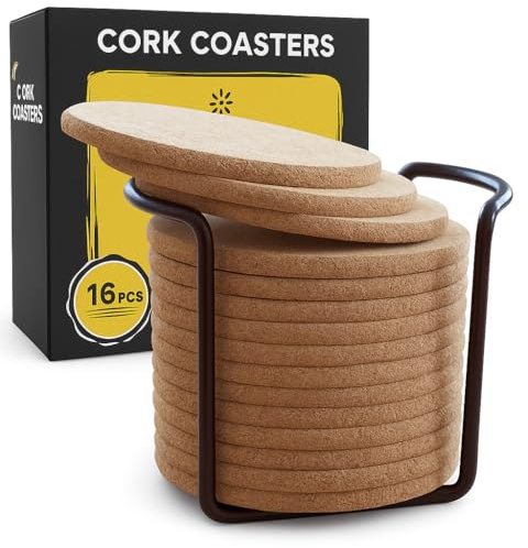Cork Coasters for Drinks with Metal Holder - 16 Pcs Round 4 inch Drink Coaster Thick Absorbent Heat-Resistant Saucer - Used for Cold Hot Beverages Glasses Mugs Cups Plants Apartment Decor Bar Table