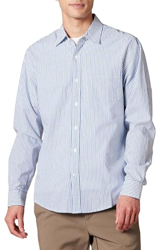 Amazon Essentials Chemise en Popeline à Manches Longues Coupe Ajustée Homme, Blanc Bleu Rayures Verticales, S