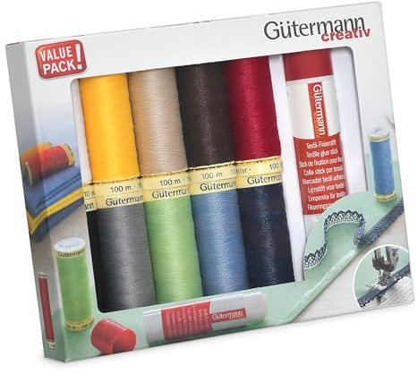 Gütermann creativ Nähfaden-Set mit 10 Spulen Allesnäher 100 m in verschiedenen Farben + einem Textil-Fixierstift