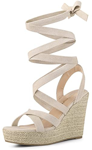 Allegra K Sandales Espadrilles à lanières et Talons compensés à Lacets pour Femmes Beige 38