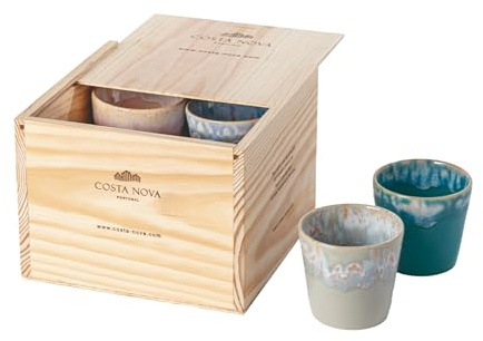 Costa Nova caja regalo Grespresso: 8 tazas de expreso de gres fino con esmalte reactivo, apilables, acabadas a mano, en elegante caja de madera, aptas para lavavajillas, multicolor, ⌀ 6,5 cm