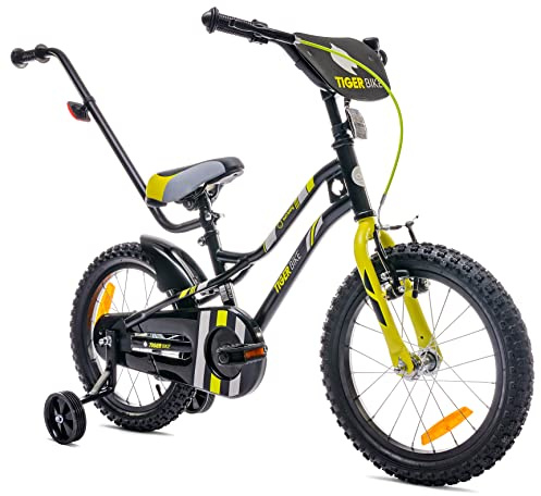sun baby Jungenfahrrad 16 Zoll Jungen Kinderfahrrad Tiger Bike Leicht Stützräder mit Schubstange ab 2-6 Jahre BMX Fahrrad Kinder (Schwarz-Gelb, 16 Zoll)