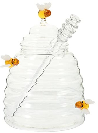 DOITOOL Glass with Dipper Sticks - 1set Beehive Honey Pot and Dispenser - Clear Sauce Jar and Container for Home Kitchen