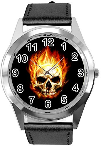TAPORT Schwarze Leder Runde Uhr für Fans von Skull e3, Schwarz , Gurt