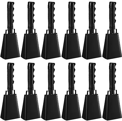 Pelopy 12 Pcs Large Cow Bell 9 '' Cowbell with Handle Cowbells for Sporting Events Hand Percussion Cheering Bell Chimes for Football Game, Alarm Loud Noise Makers, Musical Instrument(Black)