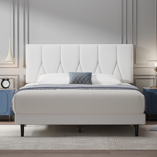 Yocreat King Bed Frame, White, Upholstered Wooden Slat Bed Frame with Headboard, Easy Assembly, Underbed Storage, No Box Spring Needed 150×200