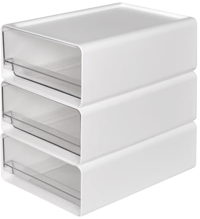 Dokeno Organisateur de Bureau, Lot de 3 Organisateurs de Rangement Empilables pour Bureau, Boîte de Rangement en Plastique pour Maison, Maquillage, Bijoux, Fournitures Scolaires et de Bureau (Blanc)