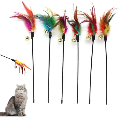Set of 6 Feather Wands for Cats - Variable Colour - Coloured Feathers - for Cats and Kittens