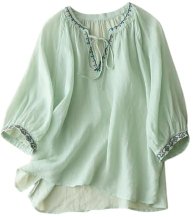 Camisa Bordada Mujer con Mangas Siete Minutos Camisa con Cuello en V de Corbata Casual Suelta Verano de Manga Corta Ropa Básica Mujer Manga Corta