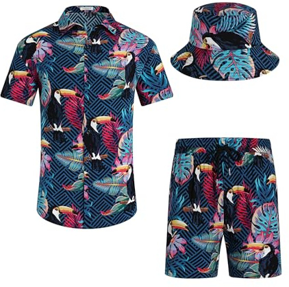 SPKPKEY Hawaiiansk skjorta och shorts för män, set i 2 delar, ledig button-down-skjortor, sommar, strandkläder med fiskhattar, marinblå, M
