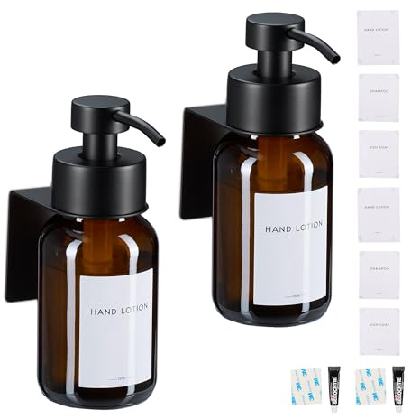 Relaxdays tvåldispenser, set med 2, 250 ml, glas, rostfritt stål, väggmonterad, självhäftande, saniteringspump, brun/svart