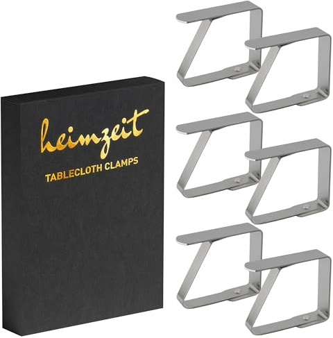 heimzeit Pinzas para Sujetar Manteles de Acero Inoxidable [6 Piezas, 6,5 cm] Color: Plateado, Sujetamanteles para Uso Exterior e Interior, Pinzas para Mesas con un Grosor máximo de 3-5 cm