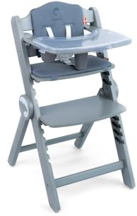 Kidnort Drömmer Unique 3-in-1 Hochstuhl klappbar aus Buchenholz, mitwachsend 9-fach verstellbar, ab 6 Mon. bis 75 kg, Grau, Doppel-Essbrett spülmaschinenfest, 5-Punkt-Gurt & T-Bar