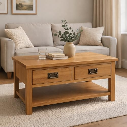 Home Furniture Group Ltd Oakcroft Coffee Table – Rustic 2 Drawer Solid Wood Living Room Table with Shelf – Fully Assembled