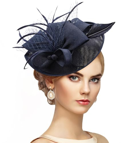 ETOFETE Fascinator Damen Kopfschmuck Karneval Haarreif Fasching Tea Party Hut Frauen Marineblau Leichter Feder und Polyester Abnehmbarer Kopfband