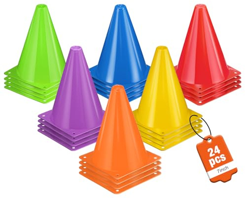 ZKNDRHJO 24pcs Cones 7 Inch Soccer Cones and Plastic Traffic Cones, Durable Cones for Sports Training, Ideal for Soccer, Basketball, Football, Skating, and Agility Drills Practice (24, Colors)