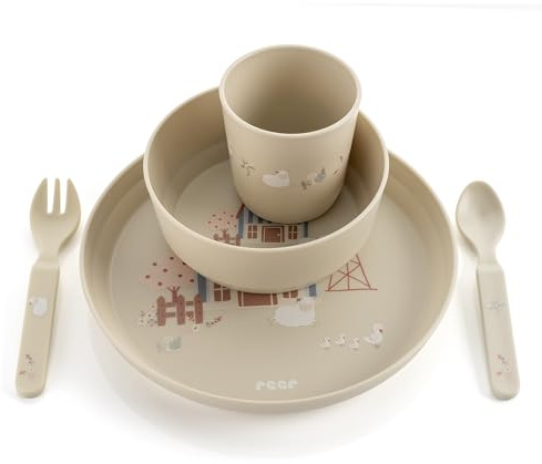 reer Set di stoviglie per bambini | motivo: Little Farm | stoviglie in plastica per bambini in materiale 100% certificato ISCC | 5 pezzi | senza BPA | lavabile in lavastoviglie