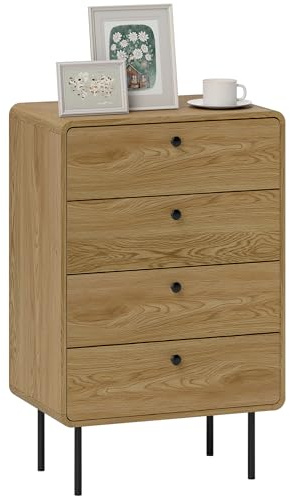 HOMCOM Cómoda de 4 cajones, Mueble de almacenaje Estrecho con Patas de Acero, Esquinas Redondeadas y Tiradores de Madera, Estilo Moderno, cómoda para Dormitorio, salón, Pasillo, 60 x 39 x 91,5 cm,