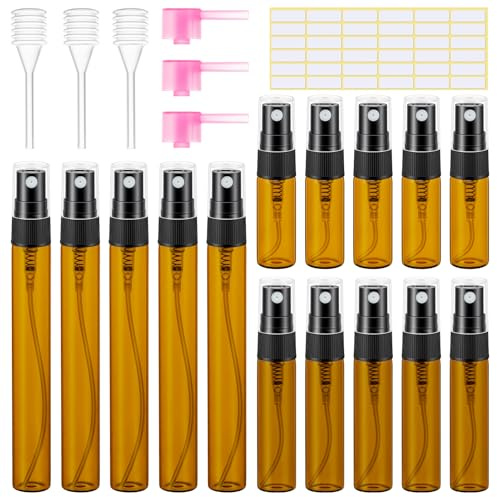 MELLIEX 15 Piezas Atomizador Vidrio Mini, Pulverizador Perfume Recargable Dispensador Portatil Perfume Bote de Spray Viaje Cristal, 3ml/5ml/10ml, Marrón