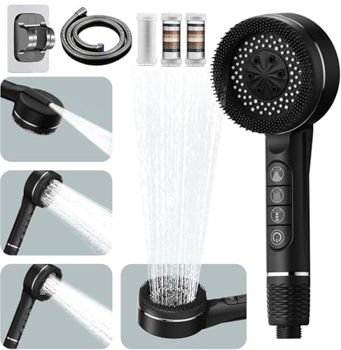 Alcachofa de Ducha con Filtro, Filtro Cabezal de Ducha con Manguera de 1.5M y soporte, Alcachofa Ducha Antical 4 Modos de Chorro Cabezal Ducha de Alta Presión con botón de ON/OFF para Agua Dura,Negro