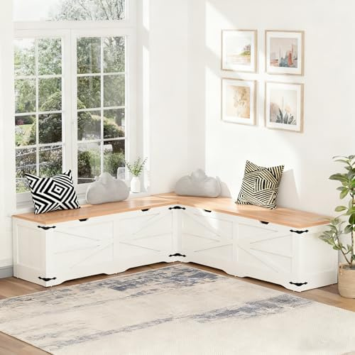 IBLUCTRY L Shape Kitchen Breakfast Nook Bench, Backless Farmhouse Storage Bench, Corner Dining Bench with Hidden Storage for Dining Room, Kitchen, Entryway