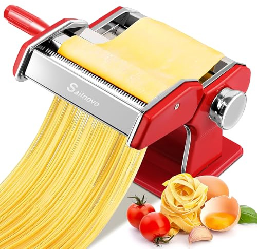 Sailnovo 3-in-1 Stainless Steel Pasta Machine with 9-Setting Roller, Red | 9 Adjustable Thickness Settings & 2 Width Cutters, Rust Resistant, Easy Clean, For Spaghetti, Fettuccine, Lasagna and More