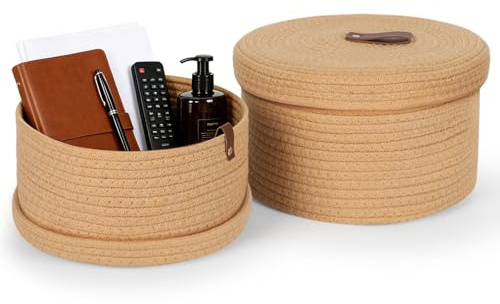 Juego de 2 cestas de almacenamiento con tapa, redondas de cuerda de algodón, cesta trenzada con asa, cestas para guardar juguetes, organizadores para habitación infantil, salón, baño, mesa, decoración