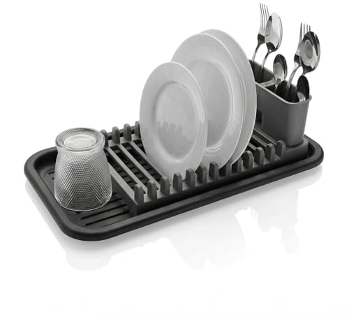 Generico Scolapiatti da Appoggio con Portaposate, Salvaspazio per Lavello Cucina, Asciugapiatti Compatto in Polipropilene, Nero, 44 x 24,5 cm
